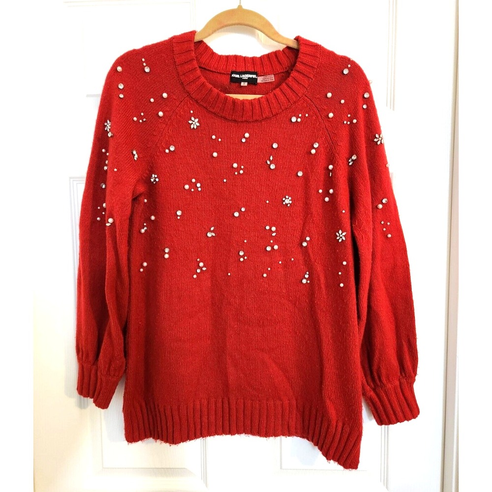 Karl Lagerfeld Paris Womens Holiday Sweater Sz M RED Embellished Pearl Rhinstone